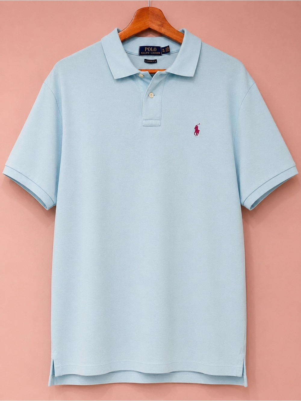 Polo by Ralph Lauren Men’s Light Blue Polo with Pink Logo